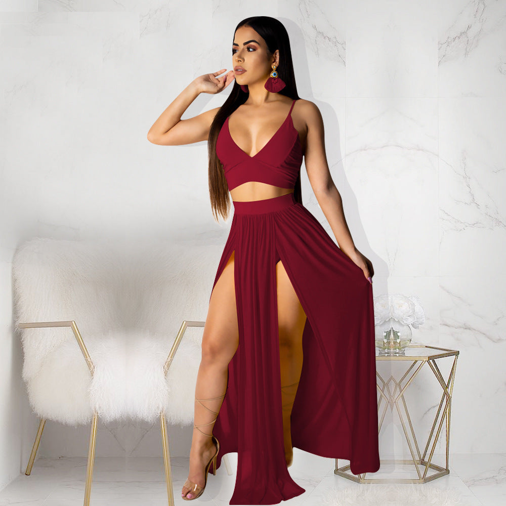 Summer Women's Split Sexy Camisole Solid Color Dress Two-piece Suit Product information: Fabric name: milk silk Style: sexy Style: sling Combination form: two-piece Skirt length: long skirt Skirt type: large swing type Waist type: elastic waist Clothing p