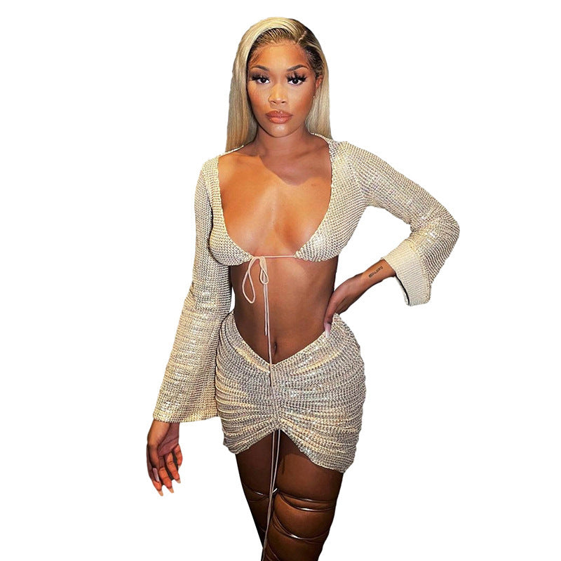 Summer New Atyle Aequin Atrap Cardigan High Waist Bag Hip Skirt Casual Suit Product Information: Main fabric composition: Polyester fiber (polyester) The content of the main fabric ingredient: 91%-99% Color: Khaki Size information: Size: S, M, L Note: 1.