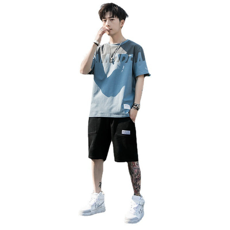 Short Sleeve T-Shirt Suit Men's New Fashion Summer A Set Of Casual And Handsome With Trendy Men's Clothes Product Information: Style: Korean Top: 95% cotton 5 spandex Pants: 100% polyester Size: M, L, XL, XXL, XXXL, XXXXL Main fabric composition: cotton M