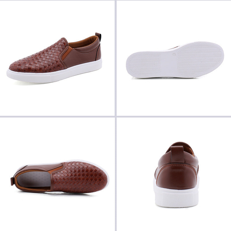 Large Men's Casual Shoes Board Woven Shoes Product information Applicable gender: male Pattern: plain Upper material: artificial leather Toe shape: round head Heel height: flat heel Sole process: injection shoes Color: white, black, brown Size Information