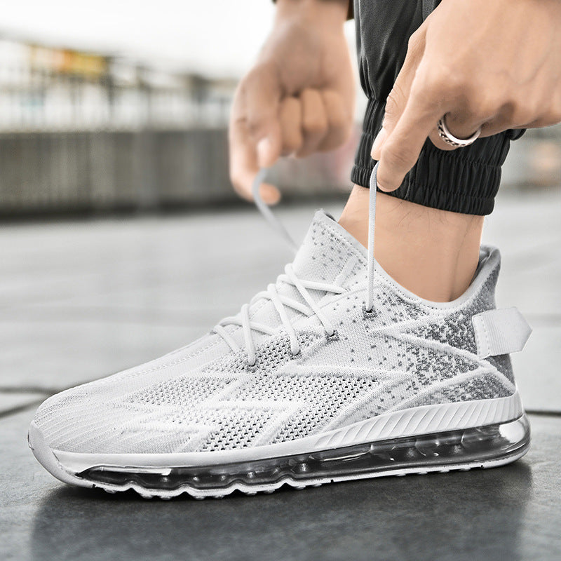 Mesh Breathable Flying Woven Air Cushion Sneakers Men's Shoes Product Information: Pattern: Color matching Upper material: fabric Sole material: wear-resistant rubber Applicable sports: general Wearing style: front tie Popular elements: sewing thread, col