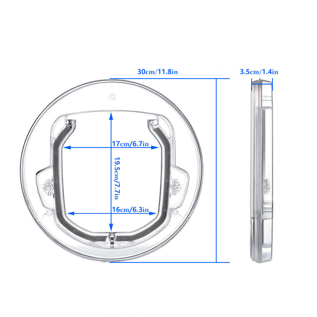 Pet Supplies New Pet Door Round Product Information; Model No.: XA-210 Product dimension: 300x300x30mm Flap dimension: 185x205mm Net weight: approx. 450g Material: PC 4 way lockable Fits glass panels 3 - 27mm Brush weather seal to reduce draughts Model No