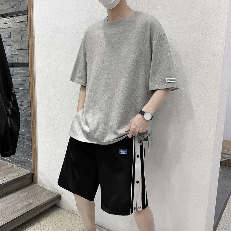 Summer Set Of Round Neck Short-sleeved T-shirt Men's Shorts Casual Loose Sports Suit Men Product information: Main fabric composition: cotton pattern: plain Edition type: Loose Style: Hedging Collar type: no collar Neckline shape: round neck Sleeve length