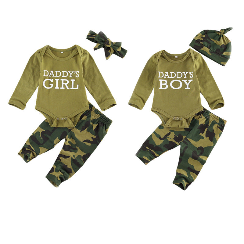 New Products Set Letter Camouflage Printed Children Set Product information: Applicable gender: neutral/male and female Suit type: pants suit Number of sets: three-piece Sleeve length: long sleeve Whether hooded: not hooded Length: trousers Thickness: Gen