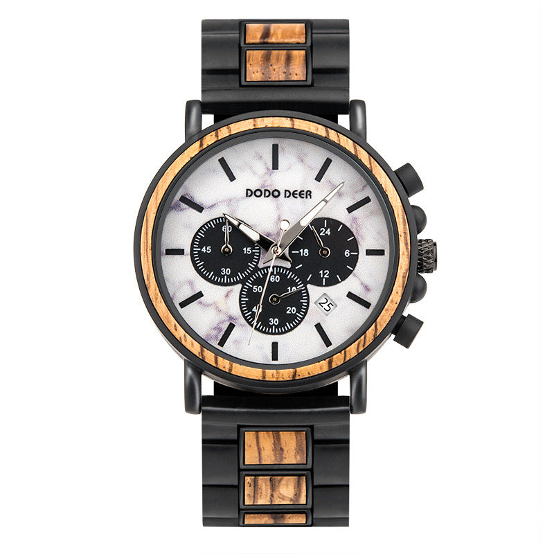Luxury Wood Stainless Steel Men Watch Stylish Wooden Product information: Mirror material: Quartz glass mirror Clasp style: Bilateral press buckle Buckle material: Stainless steel Strap material: Wood Dial shape: Round Packing specification: Carton packag