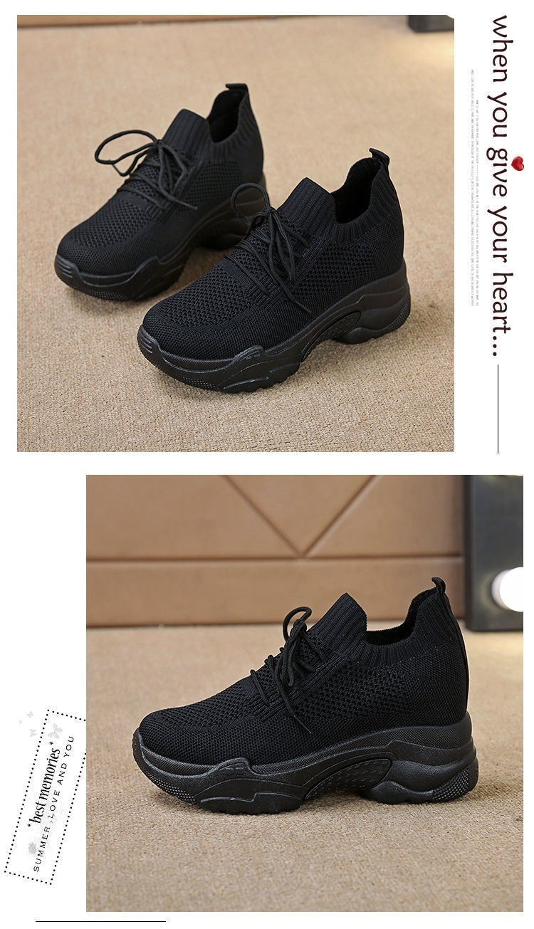 Fly Woven Mesh Casual Sneaker Breathable Platform Shoes Product information: Pattern: solid color Lening material: cloth Applicable sports: Universal Color: white, black, red, Upper height: low top Very high: high heels (6-8CM) Very shape: height increase