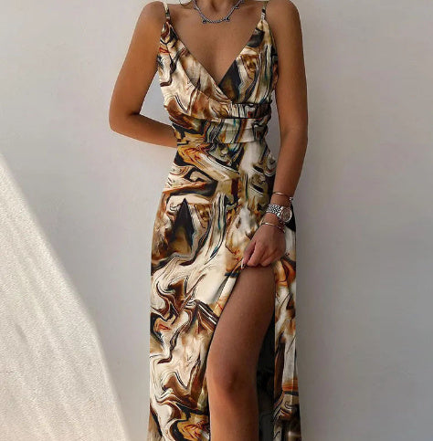 V-neck Slip Dress Low Cut Printed Slit Dress Product information : Fabric Name : Polyester Fiber Style: Sling Combination form: single piece Skirt length: midi skirt Skirt type: irregular skirt Color: orange, green, black, blue and yellow, red flowers, Ti
