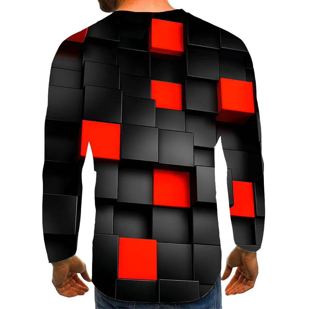 Square Men's Long Sleeve T-Shirt 3D Digital Printing Product information: Main fabric composition: mesh cloth Pattern: Lattice squares Edition type: Loose Process: digital printing Size Information: Note: 1. Asian sizes are 1 to 2 sizes smaller than Europ