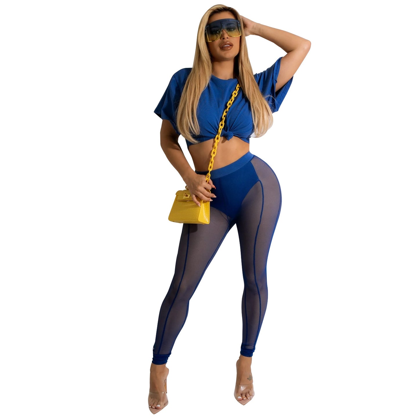 Women's T-Shirt Mesh Sheer Two-Piece Pants Set Product information: Style: two piece set Top style: T-shirt Shirt sleeve length: short sleeve Popular elements: perspective, stitching, gauze Craft: collage/stitching Fabric composition: 95%POLYESTER, 5%SPAN
