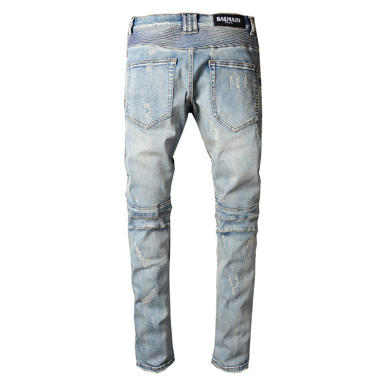 Ripped Biker Jeans Style: Europe and America Taobao category: youth fashion (18-24 years old) Style: Basic Trouser type: straight tube type Special technology: pleating, washing, whitening and breaking Length: trousers waist type: middle-waisted Pants pla
