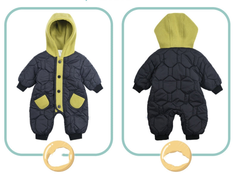 Romper Baby Cotton-padded Jumpsuit Newborn Fleece-lined Thickened Going Out Outwear Product information: Color: Black and green hooded jumpsuit, beige hooded jumpsuit Suitable height: 66cm,73CM,80cm,90cm Style: long climbing Fabric name: Nylon Closed styl