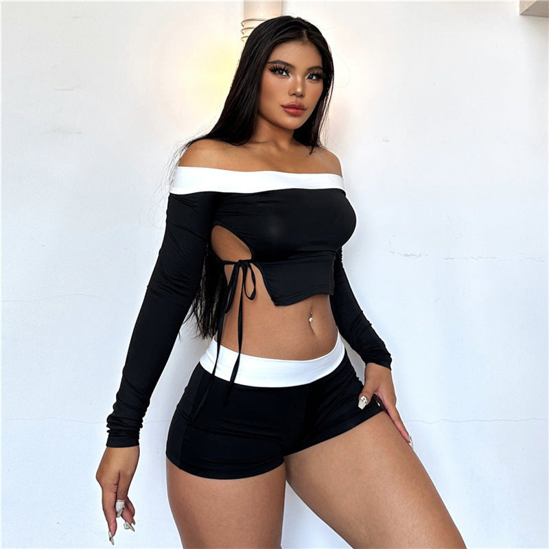 Contrast Color Off-neck Strap T-shirt Shorts Set Product information: Color: Black Pants length: Shorts Size: S,M,L Popular elements: shoulder strap Main fabric composition: Polyester (polyester fiber) Applicable Gender: Female Sleeve length: long sleeve
