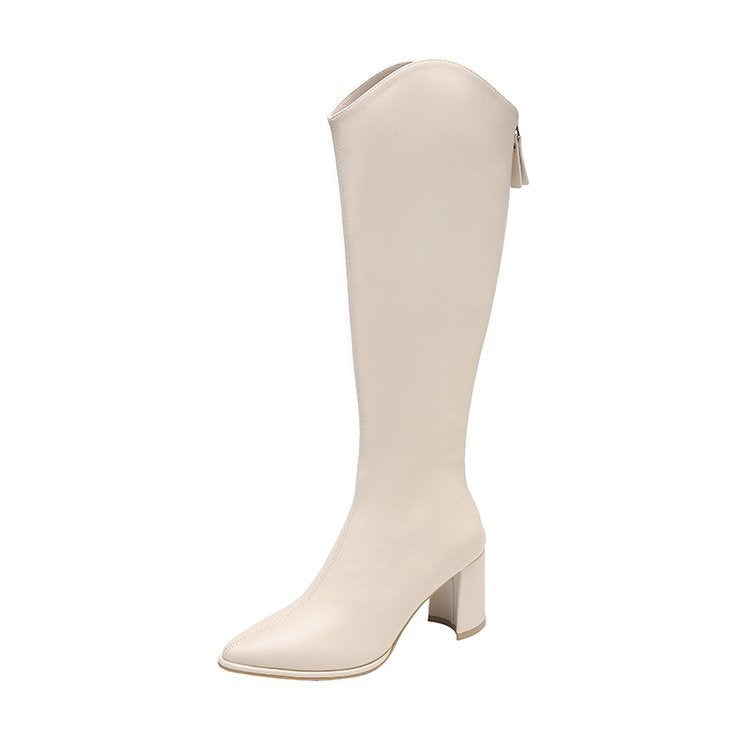 Chunky Heel High Women's Below The Knee Pointed Boot Product information: Pattern: solid color Lining material: Cotton Color: Black single, beige cotton, beige single, milk tea single, milk tea cotton, black cotton Length of socks: high cylinder Heel shap