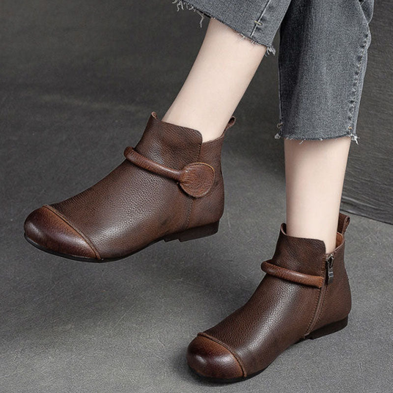 Soft Leather Retro Style Women's Boots Side Zipper Flat Round Head Simple Dr Martens Boots Product information: Pattern: solid color Lining material: cloth Color: Brown single liner, Brown with velvet lining Heel height: low heel (1-3CM) Sock length: mid-