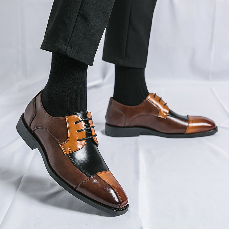 Color Matching Business Formal Wear Leather Shoes Product information: Pattern: color matching Color: Black yellow, blue yellow Heel height: flat heel Heel shape: square heel Size: 38,39,40,41,42,43,44,45,46,47,48 Sole craft: viscose shoes Sole material: