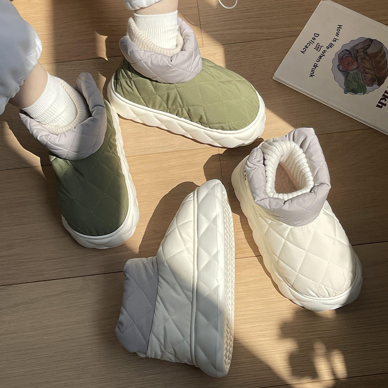 Outdoor Couple Warm Cotton Shoes Product information: Lining material: Plush Color: dark gray Upper height: Middle top Processing Method: Frosted Size: 36/37,38/39,40/41,42/43,44/45 Sole craft: sewing shoes Sole material: EVA Popular elements: Plaid Style