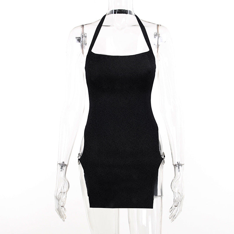 Women's Sling Halter Circle Split Dress Product information: Color: Black Waist Type: Mid waist Size: S,M,L Style type: temperament commute Skirt length: short skirt Popular elements: no back Fabric name: knitted Main fabric composition: Spandex Skirt Cat