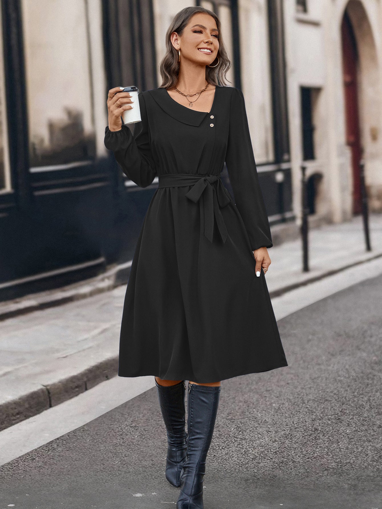 Autumn And Winter Irregular Collar Button Long Sleeve Dress Product information: Fabric name: Polyester Color: black, dark green, dark blue Size: S,M,L,XL Style type: fresh and sweet Style: Basic Style: Gentle Size: Note: 1. Asian sizes are 1 to 2 sizes s
