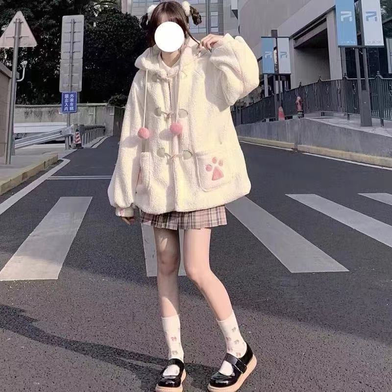 Autumn And Winter Cute Hooded Bear Ears Fleece Shirt Sweater Furry Baggy Coat Student Top Product information: Pattern: animal pattern Color: Milky White, Brown Size: S,M,L,XL,XXL,XXXL Version: Loose Style type: fresh and sweet Combination form: Single pi