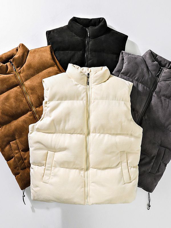 Simple Stand-up Collar Cotton-padded Clothes Vest For Men Product information: Pattern: solid color Pocket Style: top stitching slit pocket Color: khaki, black, brown, gray Size: M(90-120) kg,L(120-140) kg,XL(140-160) kg,2XL(160-180) kg,3XL(180-210) kg, 4