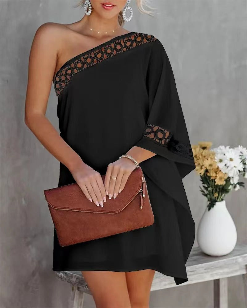 Half Off-shoulder Lace Trim Solid Color Dress Product information: Fabric name: Spandex Color: red, black, white Sleeve type: sleeveless Main fabric composition: Spandex Size: S,M,L,XL,XXL Style type: Street hipster Skirt length: mid-length skirt Sleeve l