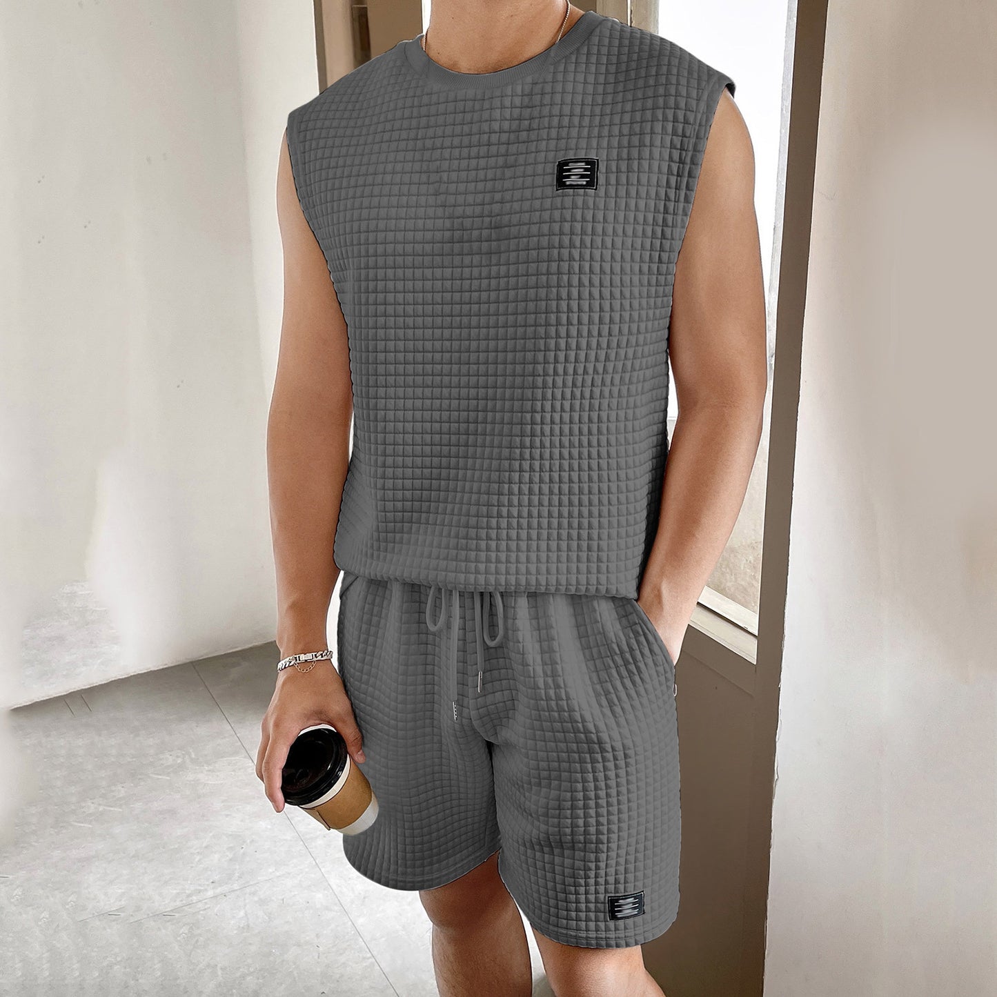 Men's Sport Suit Suit Sleeveless Tank Top Shorts Two-piece Set Product information: Color: white, black, light gray, dark gray, Army Green Size: S,M,L,XL,XXL,3XL Fabric name: cotton blend Main fabric composition: Cotton Jacket style: Vest Inventory Type: