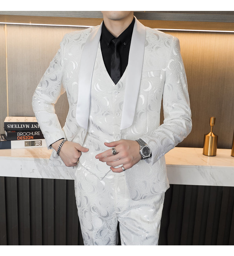 Wedding Embossed Dress Suit Three-piece Suit For Men Product information: Color: white, black Size: M,L,XL,2XL,3XL,4XL,5XL Style: slim fit Clothing craft: adhesive interlining cloth craft Thickness: regular Fabric name: cotton blend Applicable scenarios: