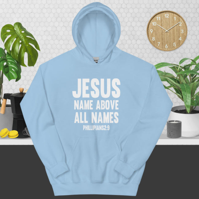 Christian Jesus Name Above All Names Hoodie Product information: Pattern: Printing Pocket Style: side seam sidekick Color: light blue Suitable for people: Teenagers Size: S,M,L,XL,XXL,XXXL Version: Loose Style: pullover Thickness: thickening Fabric name: