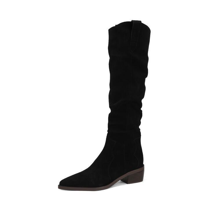 Over Best-selling V Cut Knee-high Boots Chunky Heel New Autumn And Winter Product information: Pattern: solid color Lining material: Leather Color: black, khaki Heel height: mid heel (3-5cm) Length of socks: high cylinder Heel shape: thick heel Size: 35,