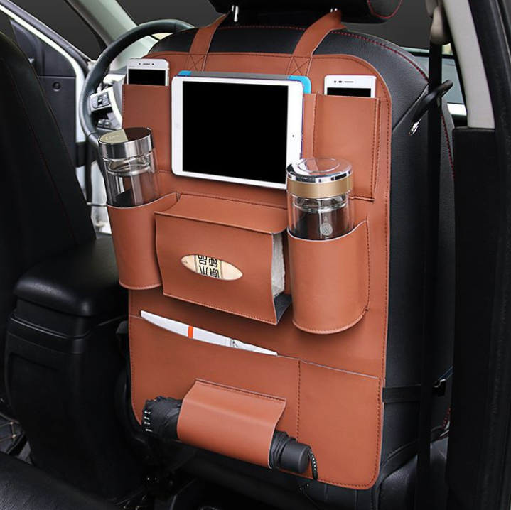 HQ Leather Car Seat Organizers Size: 58cm*41cm Material: PU leather Features: Universal fit for most cars, trucks and SUVs. Convenient to use and easy to install. Keeps your vehicle's interior well organized. Everything in it's place. You could have plent