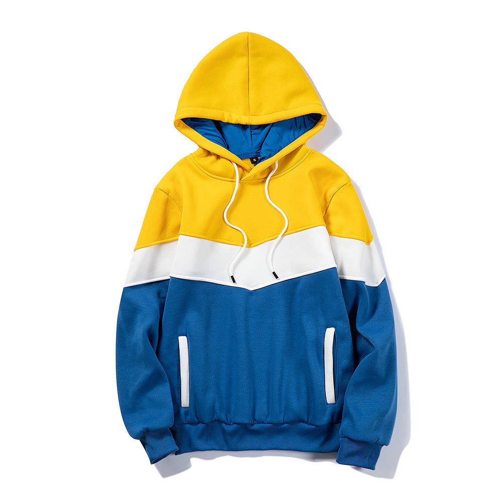 Men's color block hoodie sweatshirt Style: Hedging With or without liner: Without liner Collar type: no collar Neckline shape: round neck Sleeve length: long sleeve Whether Hooded: Hooded Placket: hedging Thickness: General suitable season: winter Main fa