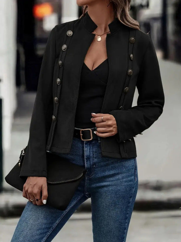 Solid Short Jacket Double Breasted Decorative Design Fashion Retro Suede Long Sleeve Outwear Tops Coat For Womens Clothing Overview: Unique design, stylish and beautiful. Good material, comfortable wear. A variety of colors, any choice. Product informatio