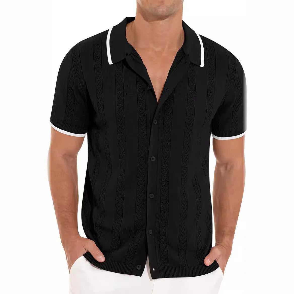 Lapel Short-sleeved Shirt Summer Fashion Casual Stitching Color Hollow Breathable Cardigan Top Men's Clothing Product information: Material:Polyester Size Information: Packing list: Shirt*1 Product Image: Lapel Short-sleeved Shirt Summer Fashion Casual St
