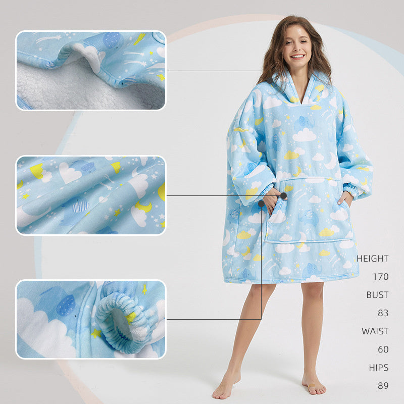 Cute Print Hoodies Sweater Winter Thickened Plush Fleece Sofa Blanket Home Clothes Oversized Lazy Homewear Pajamas With Pocket Product information: Product Category: Sleepwear Fabric name: flannel Style: Head cover Main fabric composition: Polyester fiber
