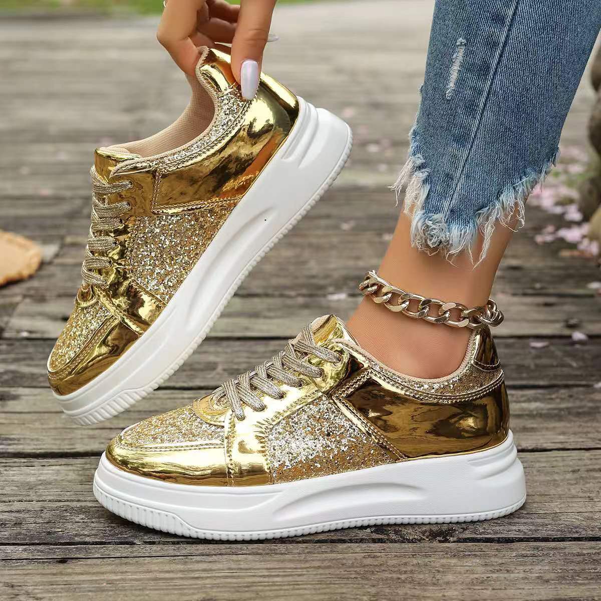 Fashion Lace-up Flat Shoes With Sequin Design Casual Sports Thick Bottom Round Toe Shoes For Women Non-slip Walking Sneakers Product information: Toe shape: round head Upper material: artificial PU Heel height: low heel (1-3CM) Color: silver, black, light