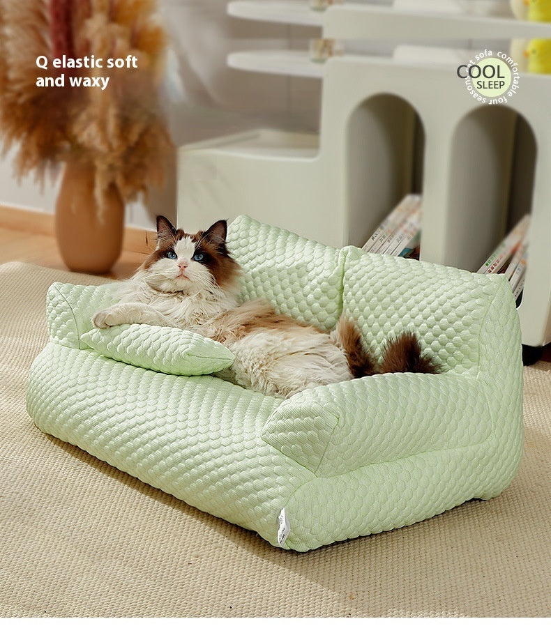 Pet Sofa Four Seasons Universal Removable And Washable Kennel Waterproof Breathable Ice Silk Product information: Color: ice blue, cherry blossom powder, cream yellow, Taro purple mint green Material: cloth Applicable object: Dog M: 55 * 38 * 18CM (suitab