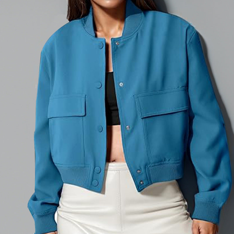 Fashion Button Stand-collar Jacket With Big Pockets Casual Loose Short Outwear Tops Coat For Women Clothing Product information: Fabric name: Polyester Main fabric composition: polyester (polyester fiber) Collar Type: Stand up collar Sleeve Type: Regular