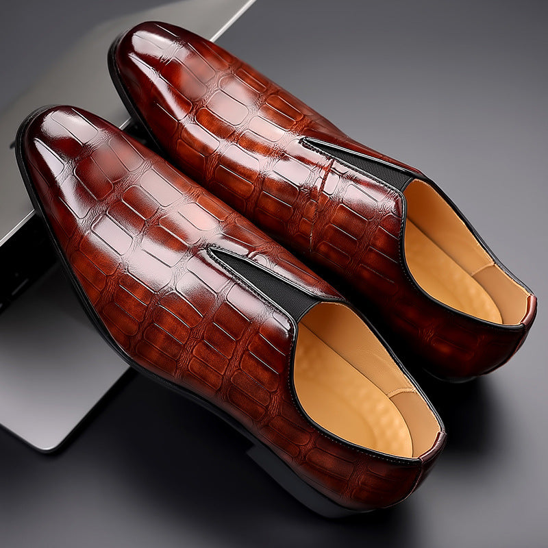Stone Pattern Casual Leather Shoes Breathable Slip On Product information: Pattern: Plaid Lining material: imitation leather Color: dark brown, black, blue Processing Method: embossing Heel height: low heel (1-3CM) Socks length: low tube Heel shape: Horse