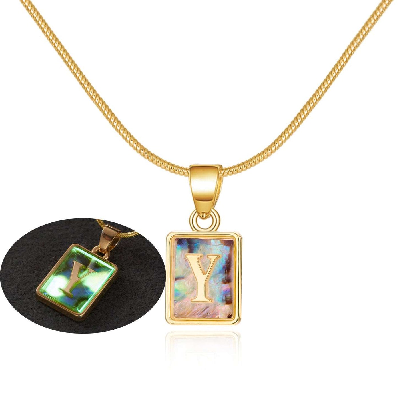 26 Letter Square Necklace Colorful Shell Luminous Pendant Chain Necklace For Women Temperament Ladies Jewelry Product information: Material: copper + shell Size: 1.6*2.2cm Size Information: Packing list: Necklace*1 Product Image: 26 Letter Square Necklace