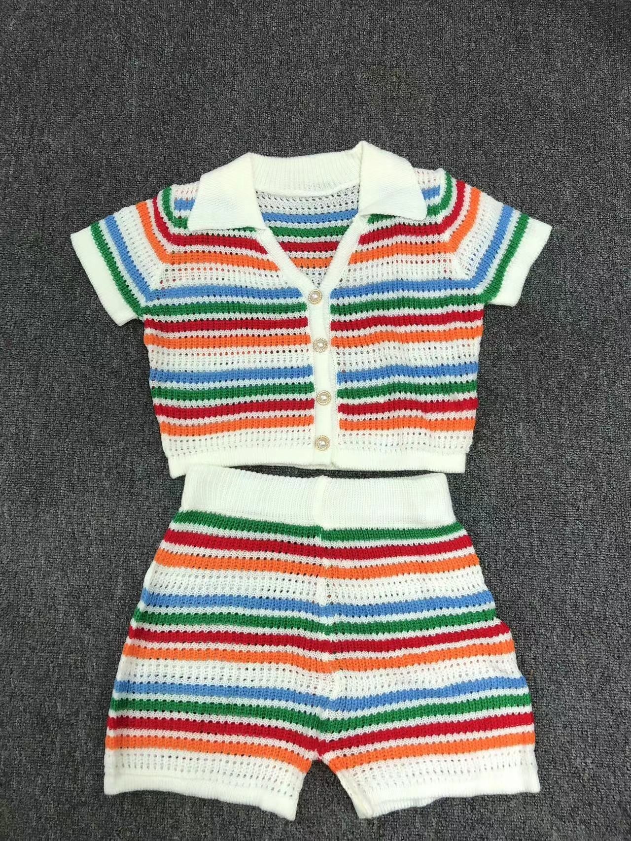 Women's New Knitted Contrast Color Short Sleeve Shorts Casual Suit Two-piece Set Product information: Pattern: stripes/Plaid Color: Color (in stock), close-up picture, tile real shot Size: S,M,L,XL Style type: temperament commute Popular elements: Ice cre