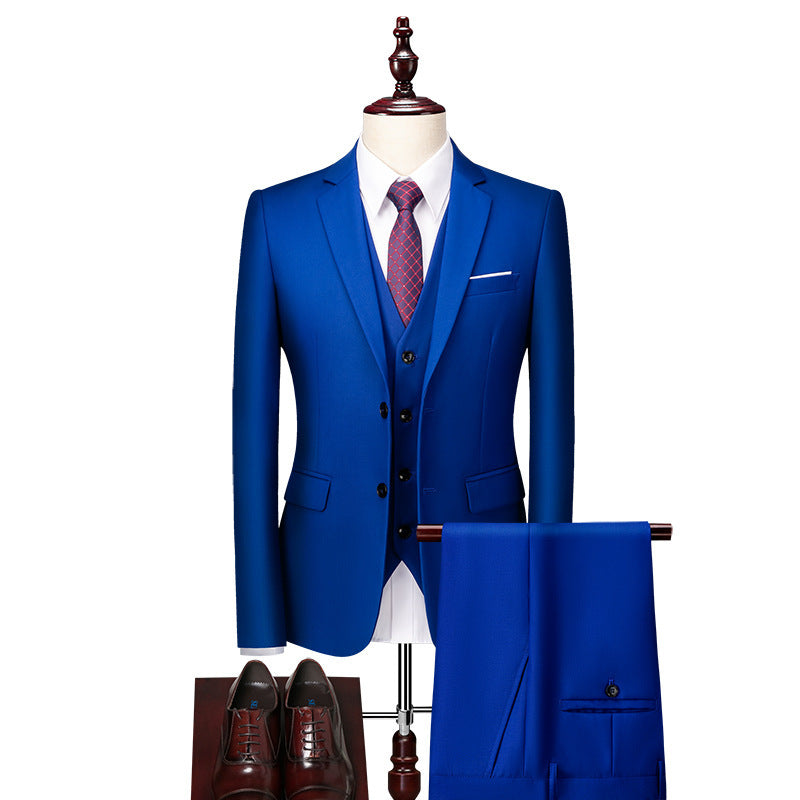 Men's Suit Three-piece Suit British Slim-fitting Wedding Dress Multicolor Plus Size Product information: Fabric name: Polyester Applicable scenario: Work Color: red, yellow, purple, black, Milky White, gray, wine red, dark green, sky blue, royal blue, mag