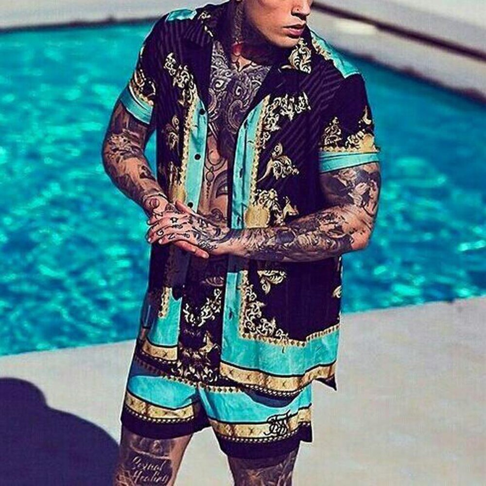 Loose Shirt Casual Men's Shorts Short Sleeve Suit Product information: Material:Polyester Fiber (Polyester) Style:Hong Kong style Features:printing Colour:blue Size Information: Size:S/M/L/XL/XXL/3XL Note: 1. Asian sizes are 1 to 2 sizes smaller than Euro