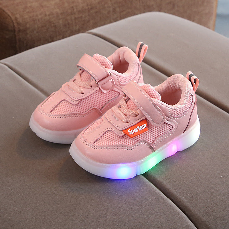 Colorful Luminous Leather Sneakers, LED Flashlight White Shoes, Mesh Breathable Sneakers Product information: Material: Mesh cloth rubber Style: casual and simple Features: Colorful glow Colour: black, white, pink Size Information: Packing list: Shoes*1 P