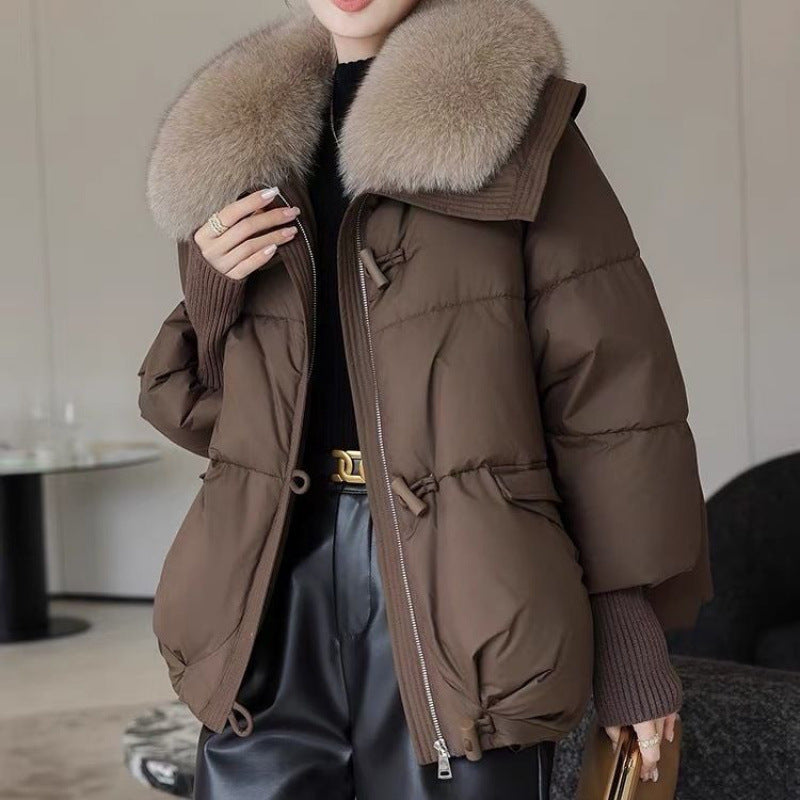 Down Cotton-padded Jacket Women's Short Fur Collar Thickened Coat Winter Clothing Overview: Unique design, stylish and beautiful. Good material, comfortable wear. A variety of colors, any choice. Product information: Fabric name: acrylic Color: brown, bla