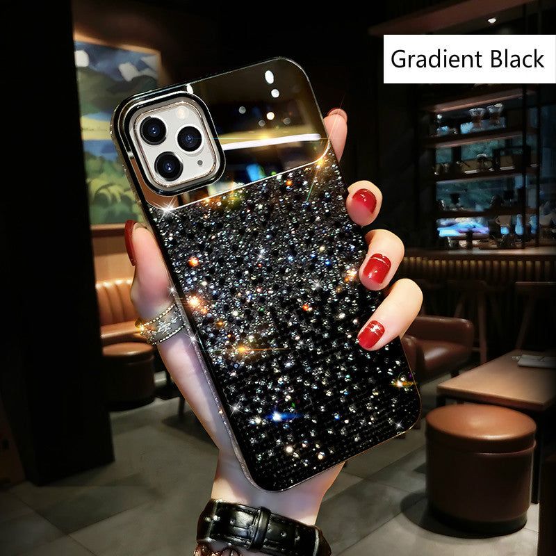 European And American Punk Gradient Rhinestone Makeup Mirror Phone Case Overview: Note: Cover for Apple mobile phone model, not Apple mobile phone brand. Specification: Material: TPU Style: fashion casual Features: Rhinestone Colour: black, purple, blue P