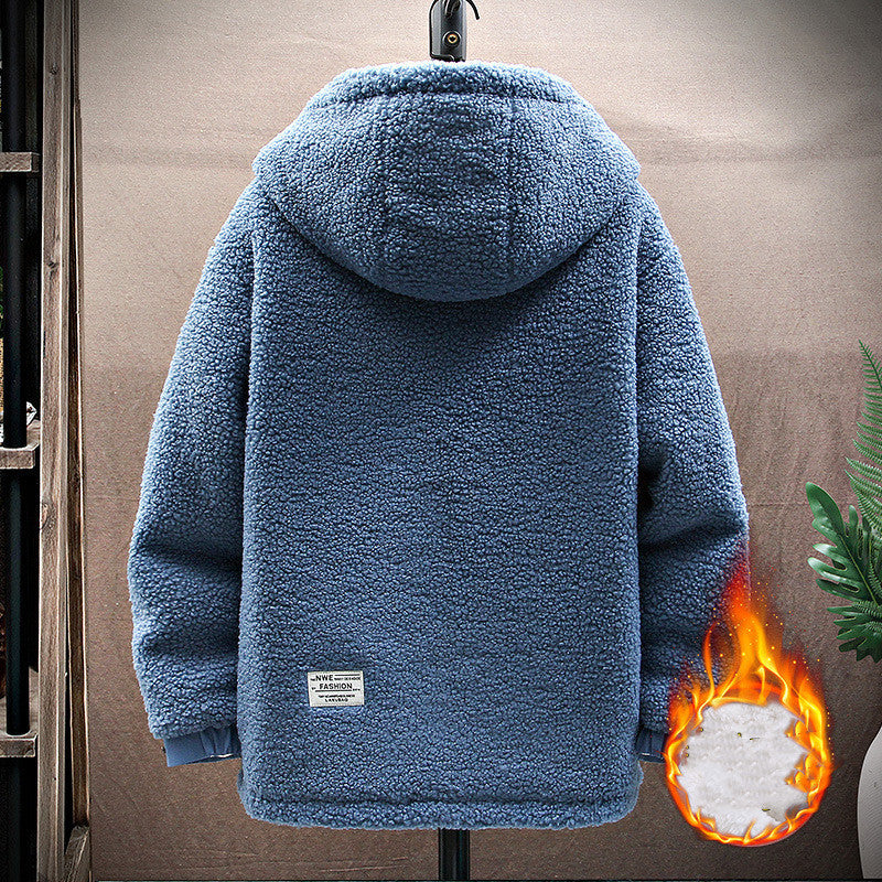 New Grain Fleece Hooded Jacket Men Product Information: Fabric name: polyester fiber Main fabric composition: polyester fiber (polyester) The content of the main fabric ingredient: 100 (%) Lining composition: polyester fiber (polyester) Color: black, blue