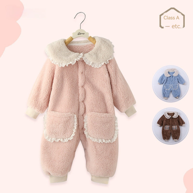 Baby Coral Fleece Climbing Suit Jumpsuit Product information: Color: pink, coffee color plaid, blue lace Suitable height: 66,73,80,90 Style: long climbing Fabric name: Coral fleece Closed style: single-breasted Main fabric composition: Polyester Fiber Sty