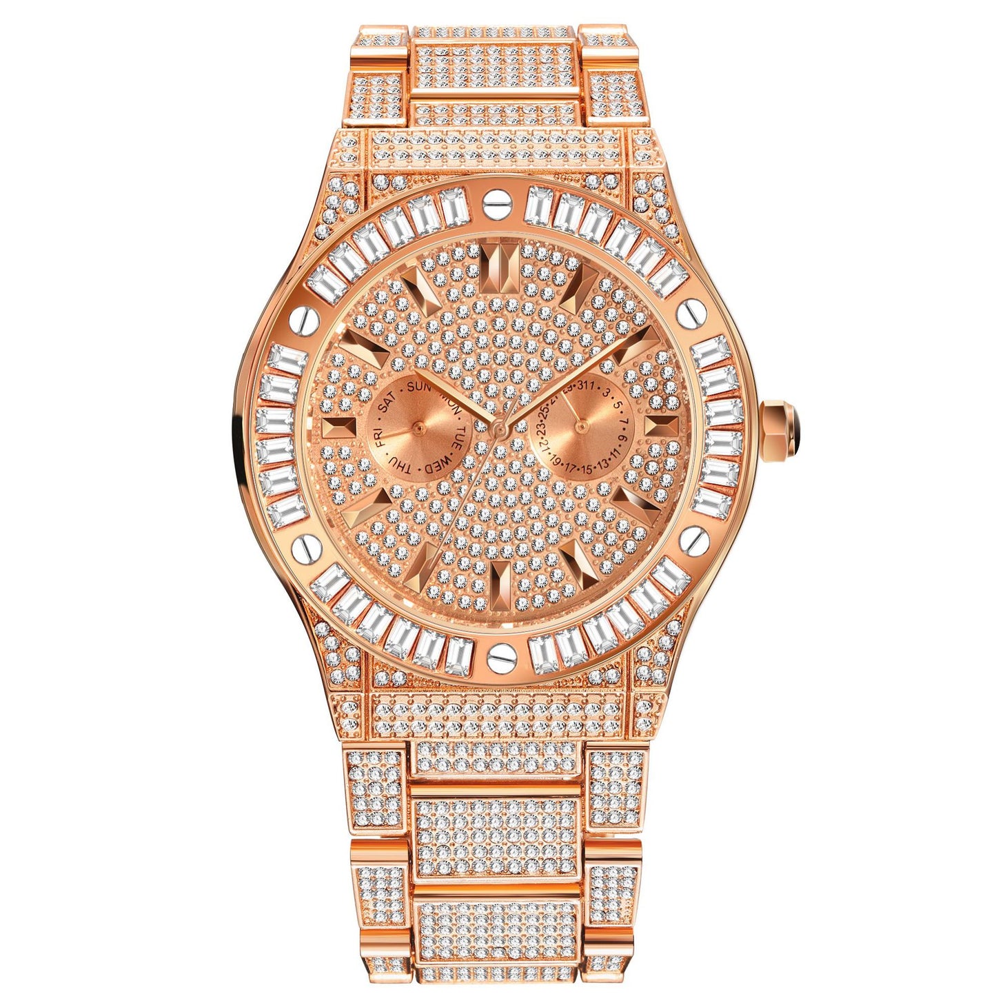 Hip Hop Style Diamond High-end Square Diamond Large Dial Waterproof Men's Quartz Watch Product information: Color: white, gold, gold, rose gold Thickness: 9mm Applicable people: Male Special features: decoration, calendar, week display Display type: Point