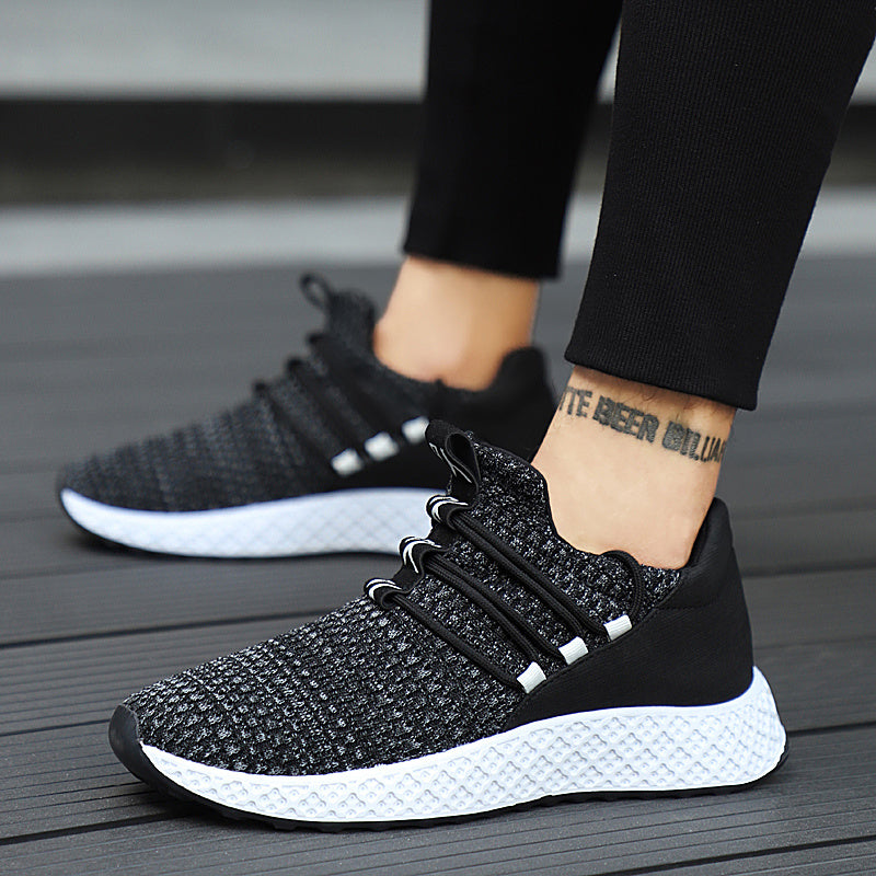 Spring and autumn sneakers trend casual wholesale men's shoes flying woven padded lightweight running shoes Wearing style: front strap Function: Breathable, lightweight, wear-resistant Thickness: thick Inner material: mesh Suitable for the season: spring,