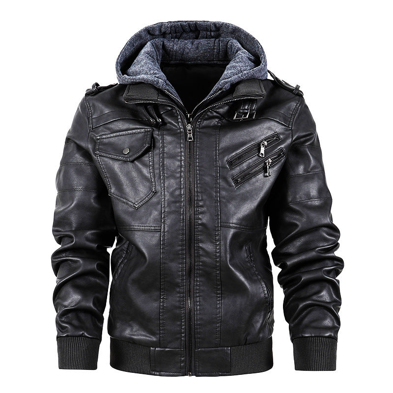 Motorcycle leather men's jackets stand collar men style: Casual Length: Medium length (65cm<length≤80cm) Edition type: fit type Collar type: stand-up collar Placket: zipper Whether Hooded: Hooded Cortex classification: PU Lining composition: plus velvet 1